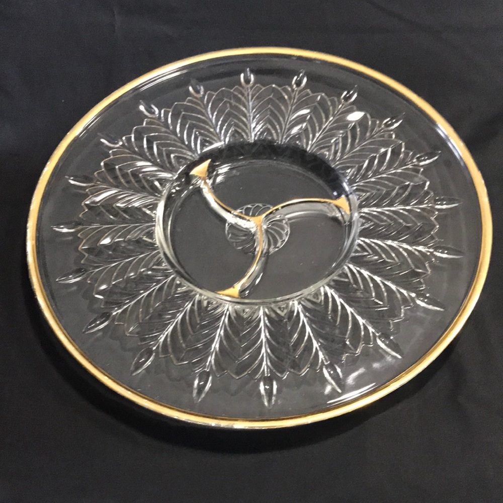 Vintage Glass Divided Serving Tray with Gold Rim